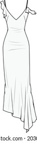 fishtail hem prom dress fashion flat sketch vector illustration technical drawing 