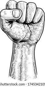 A fist in the air in a vintage woodcut revolution propaganda poster style 