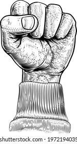 A fist in the air in a vintage woodcut revolution propaganda poster style