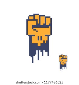 Fist with bandage. Martial arts logo. Athletic hands icon. Pixel art style. 8-bit sprite. Game assets. Isolated abstract vector illustration. 