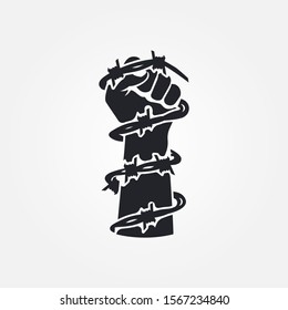 Fist in barbed wire. Black silhouette glyph icon for tattoo. Vector illustration flat design. Isolated on white background. Symbol of conclusion and limitation. Crime control icon.