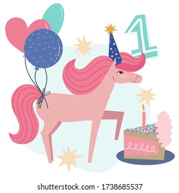 Fist birthday wishes hand drawn greeting card template. Cute horse character in party hat with balloons and birthday cake vector illustration.
