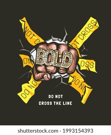 fist with bold ring punching through yellow tape vector illustration on black background