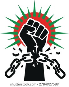 Fist breaking chains with sunburst symbol human rights breaking liberation revolution strength activism resistance oppression struggle emancipation uprising solidarity