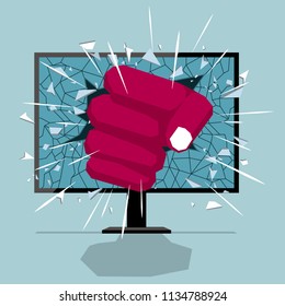 Fist breaking computer equipment,The background is blue.