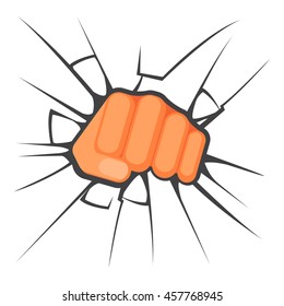 Fist is breaking the glass is symbol of aggression, vector colorful flat illustration