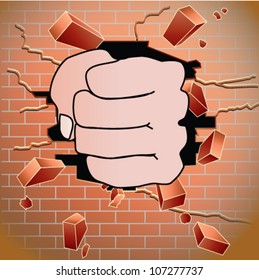 Fist breaking through red brick wall