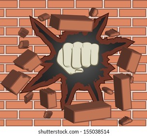 Fist Breaking Through Red Brick Wall 