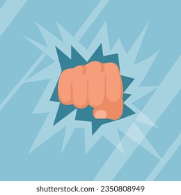 Fist breaks glass. Powerful male fist with broken window glass. Vector illustration flat design. Isolated on white background.