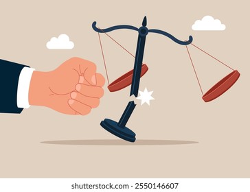 The fist breaks the scales of justice. Fighting for changing legislation as a law scale for equality. Corruption and dishonesty.  Flat vector illustration