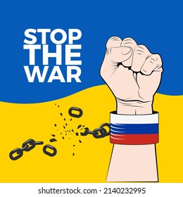 Fist breaks shackles on background of the Ukrainian national ensign. Stop the War. Vector illustration