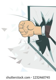 Fist breaks the window isolated illustration. Fist appears from the broken window isolated on white 
