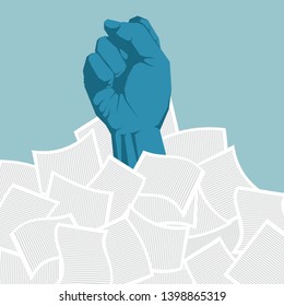 The fist broke through the pile of documents. Isolated on blue background.