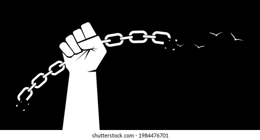 A fist and a broken chain. Freedom concept. Broken chain and birch. Vector illustration