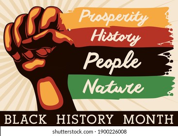 Fist and brush strokes, promoting some of the meanings of the African colors during the celebration of Black History Month: prosperity, history, people and nature.