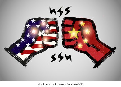 Fist Bump with brushwork,  International relations concept, USA and China.