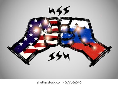 Fist Bump with brushwork,  International relations concept, USA and Russia.