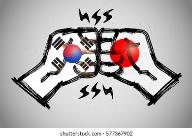Fist Bump with brushwork,  International relations concept, Korea and Japan.