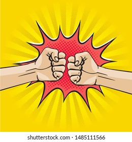 Fist Bump Comic Cartoon Style Creative Concept with Two Hands Clenched into Fists Punching Each Other Rays Circle and Speech Bubble - Black and Red on Yellow Background - Vector Hand Drawn Design