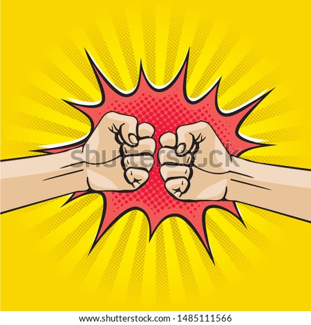 Fist Bump Comic Cartoon Style Creative Concept with Two Hands Clenched into Fists Punching Each Other Rays Circle and Speech Bubble - Black and Red on Yellow Background - Vector Hand Drawn Design