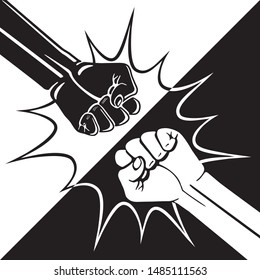 Fist Bump Diagonal Yin Yang Style Creative Concept with Two Hands Clenched into Fists Punching Each Other and Bang Bubble - Black and White on Opposite Background - Vector Hand Drawn Design