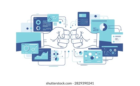 Fist bump gesture between business partners surrounded by various digital analytics and financial data charts.