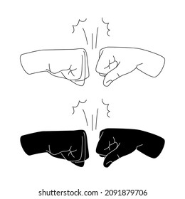 Fist Bump gesture vector illustration. Linear and black silhouettes of human fists. Friendly movement symbol. Giving respect or approval. The companionship between two people concept.