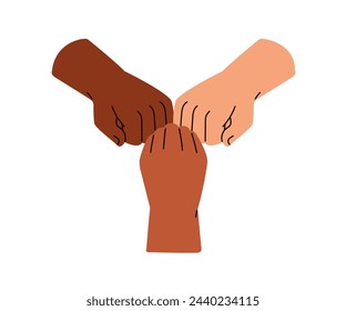 Fist bump, greeting gesture. Diverse friends group, partners team punching hands for support, agreement, deal symbol. Friendship concept. Flat graphic vector illustration isolated on white background