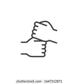 Fist Bump Händlersymbol. Modernes, lineares Handshake-Style-Zeichen für mobiles Konzept und Web-Design. Geben Sie das erste umrissene Symbol für die Vektorillustration. Deal Symbol, Logo-Illustration. Vektorillustration-Grafiken