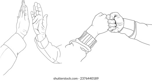 Fist Bump, High five, hand sketch, high five sketch, Body language, nonverbal communication signals, Linear style illustrations isolated on white background