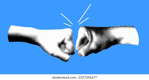 Fist bump. Hygienic handshake. Halftone retro hands. Paper cutout element. Trendy vintage newspaper parts. Friendly greeting. Make a deal. Successful agreement. Dotted pop art style. Power of teamwork