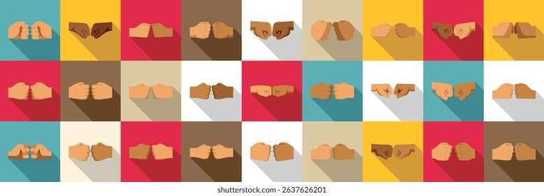  Fist bump icons set. Fist bumping hands showing unity, teamwork, and partnership on a colorful checkered background