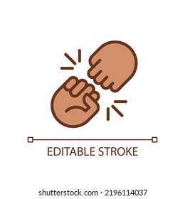 Icono de color RGB perfecto para el píxel de puño. Gracioso gesto de saludo. Comunicación. Lengua corporal. Ilustración vectorial aislada. Dibujo de línea simple relleno. Trazo editable. Tipo de letra arial utilizado