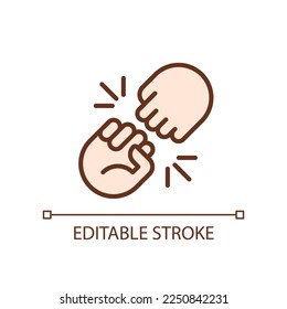 Fist bump pixel perfect RGB color icon. Funny greeting gesture. Communication. Body language. Isolated vector illustration. Simple filled line drawing. Editable stroke. Arial font used