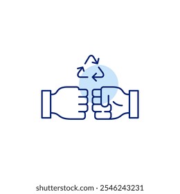 Fist bump and recycling arrows. Eco collaboration. Teamwork and sustainable community living. Pixel perfect, editable stroke icon