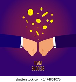 Fist bump of two business team partners as symbol of successful deal, unity and cooperation. Growing cash flow. Profitable collaboration and teamwork concept. Vector illustration.