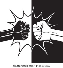 Fist Bump Yin Yang Contrast Style Creative Concept with Two Hands Clenched into Fists Punching Each Other and Bang Bubble - Black and White on Opposite Background - Vector Hand Drawn Design