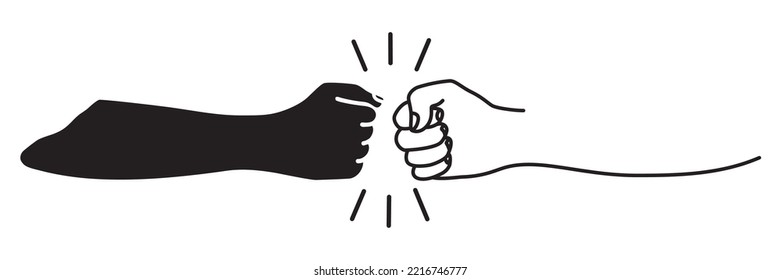 Fist bumping banner hand drawn as silhouette. Team work, cooperation, friends concept. Vector illustration isolated on white background