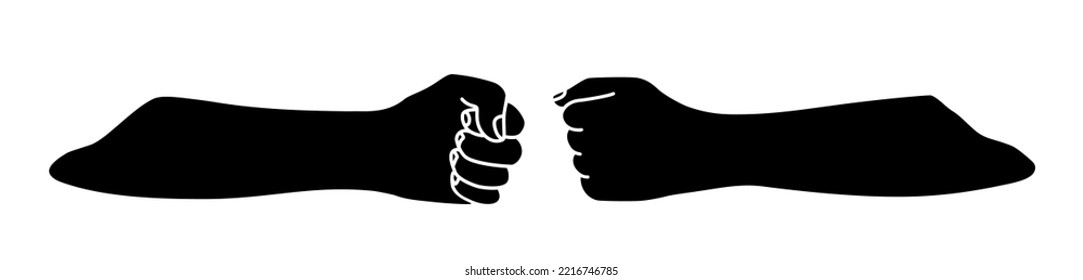 Fist bumping banner hand drawn as silhouette. Team work, cooperation, friends concept. Vector illustration isolated on white background