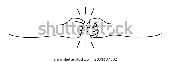 Fist bumping banner hand drawn with single\
line. Team work, cooperation, friends concept. Vector illustration\
isolated on white\
background