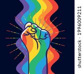 Fist clenched in rainbow colors. LGBT+ pride symbol. Colorful Vector Illustration