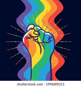 Fist clenched in rainbow colors. LGBT+ pride symbol. Colorful Vector Illustration