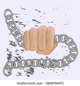 Fist clenches metal chain - splinters - isolated on white background - vector. Freedom of Information