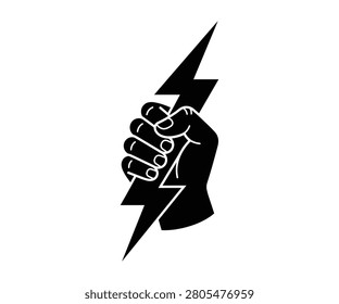 Fist clutching lightning bolt flash silhouette vector icon. Power, absolute energy, electrical strength, storm god and authority symbol.