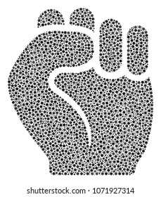 Fist collage of dots in different sizes and color shades. Circle dots are organized into fist vector composition. Dotted vector design concept.