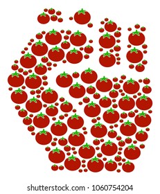 Fist collage of tomato vegetables in various sizes. Vector tomato items are combined into fist illustration. Vegan vector illustration.