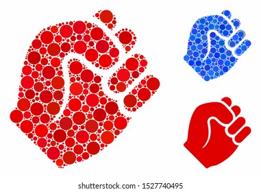 Fist composition of round dots in different sizes and color tinges, based on fist icon. Vector round dots are composed into blue composition. Dotted fist icon in usual and blue versions.