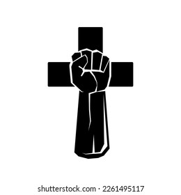 Fist and cross. Clenched fist and christian cross. Concept of strong christianity. Vector illustration. Church logo