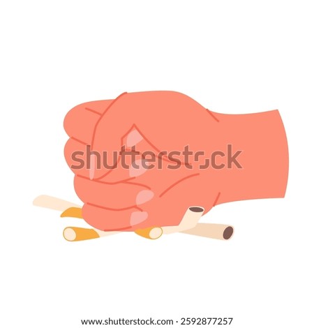 Fist crushing cigarettes in quit smoking bad habit and nicotine poison addiction. Human hand pressing down cigarettes and butts pile to break and ban narcotic temptation cartoon vector illustration