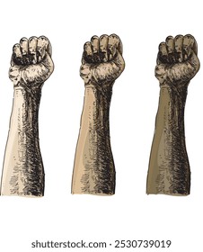 fist up different skin colors hands fight gesture linear realistic colored illustration on white background